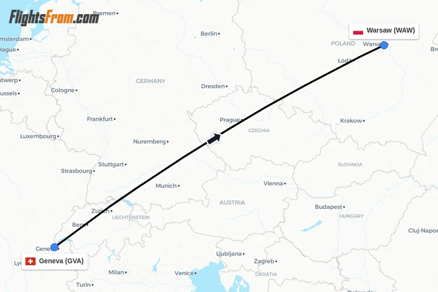 Flights from Geneva to Warsaw route map