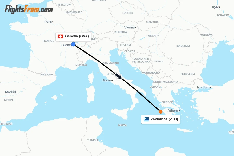 Flights from Geneva to Zakinthos route map
