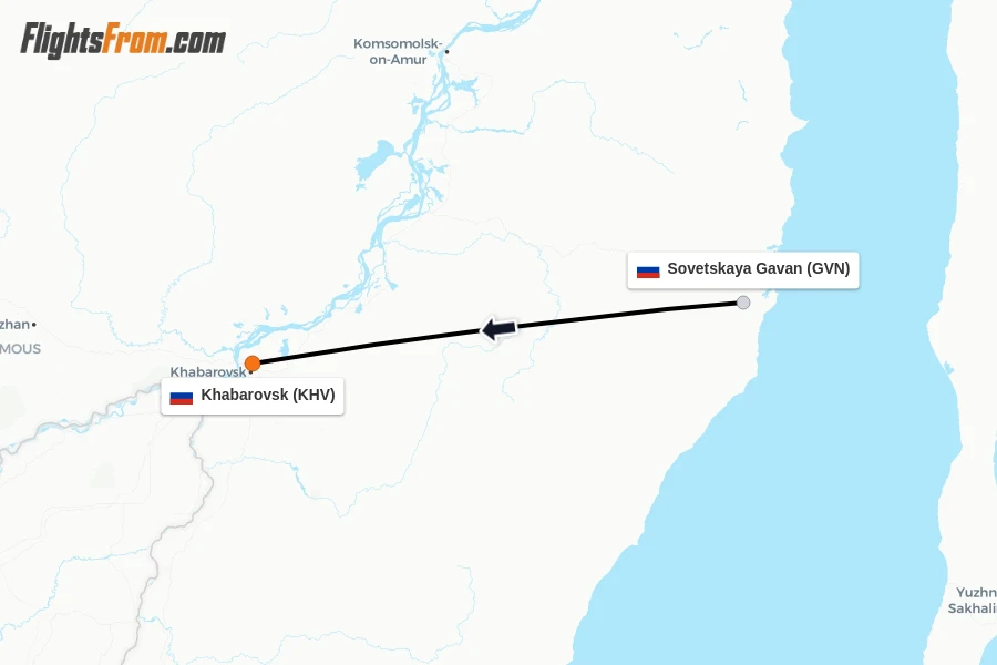 Flights from Sovetskaya Gavan to Khabarovsk route map