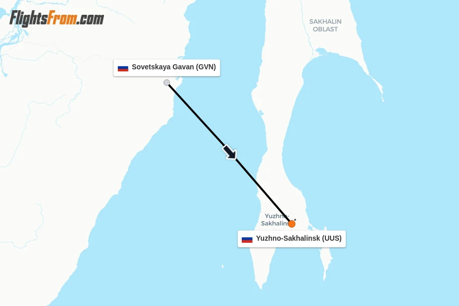 Flights from Sovetskaya Gavan to Yuzhno-Sakhalinsk route map
