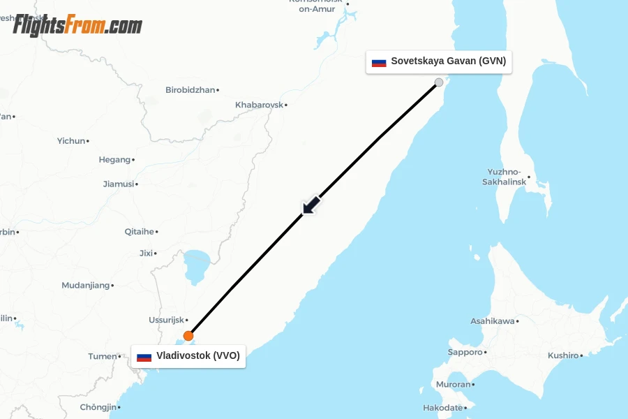 Flights from Sovetskaya Gavan to Vladivostok route map