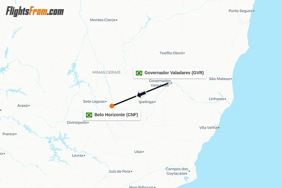 Flights from Governador Valadares to Belo Horizonte route map