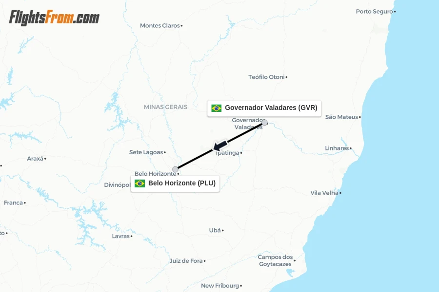 Flights from Governador Valadares to Belo Horizonte route map