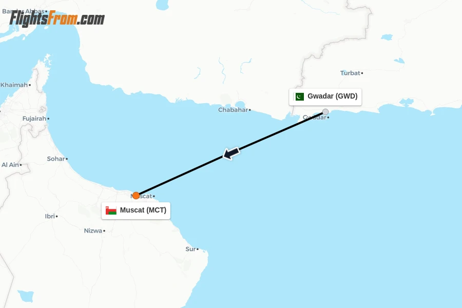 Flights from Gwadar to Muscat route map