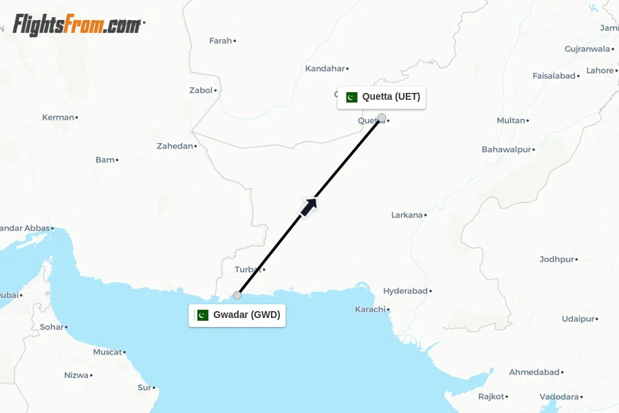 Flights from Gwadar to Quetta route map