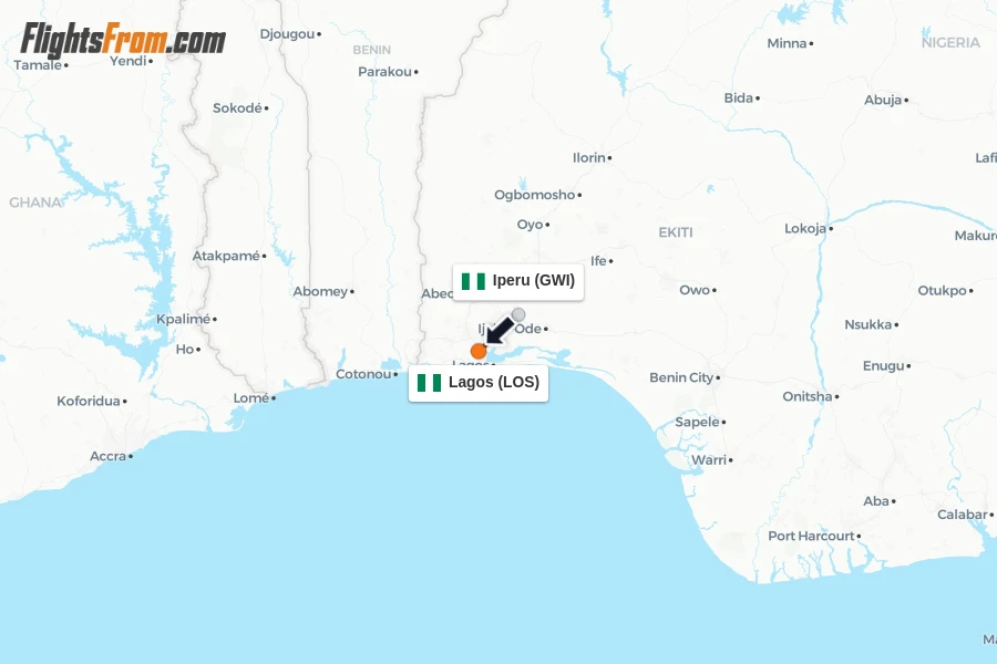 Flights from Iperu to Lagos route map