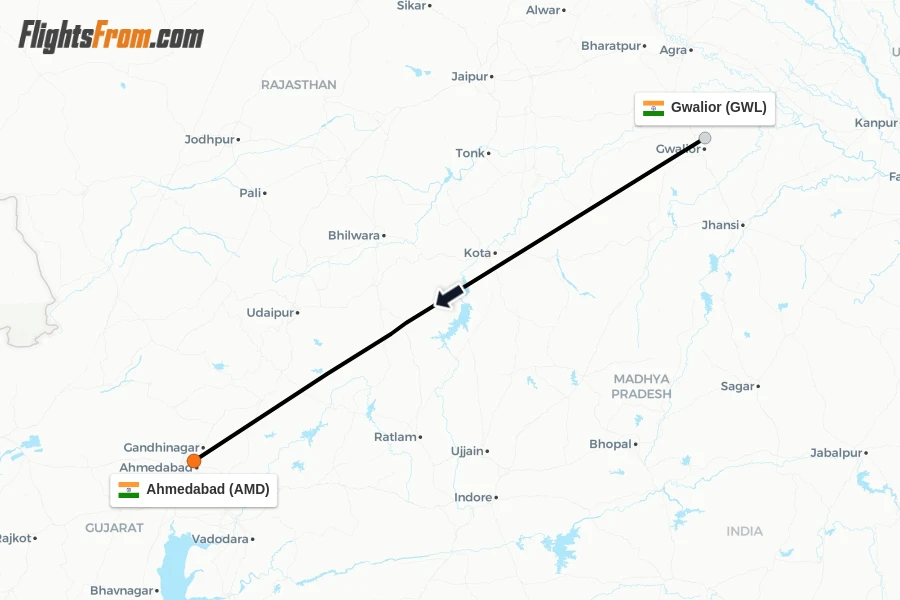 Flights from Gwalior to Ahmedabad route map