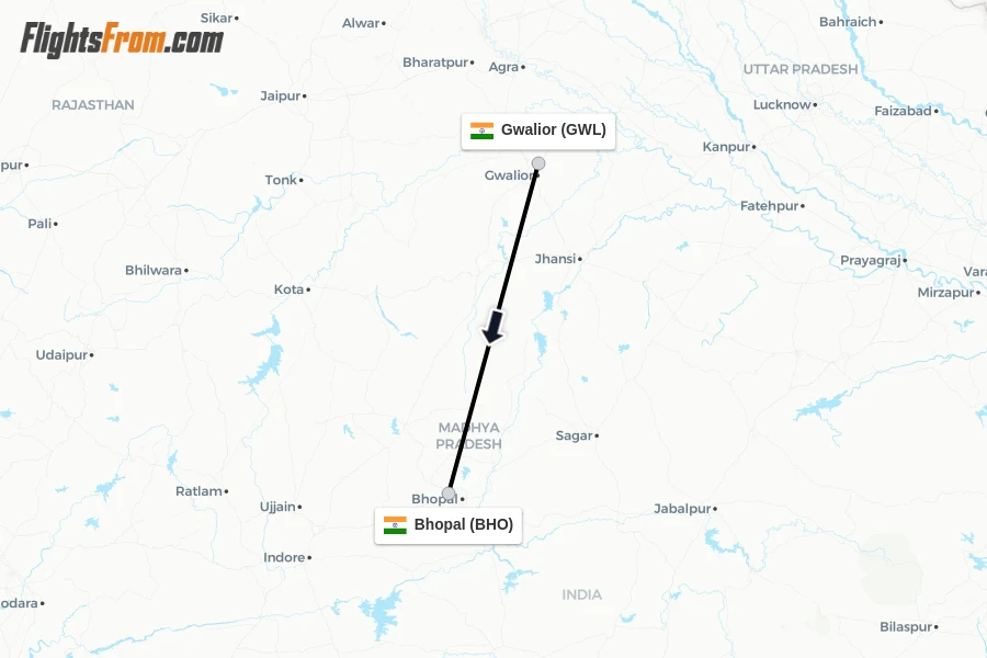 Flights from Gwalior to Bhopal route map