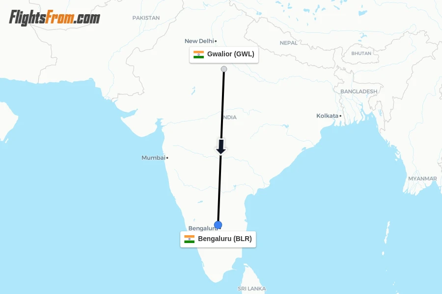 Flights from Gwalior to Bengaluru route map