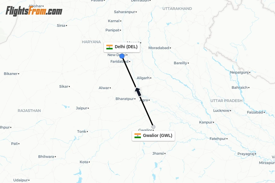 Flights from Gwalior to Delhi route map