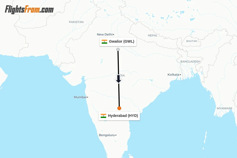 Flights from Gwalior to Hyderabad route map