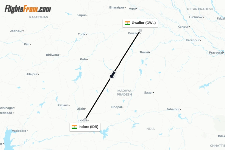 Flights from Gwalior to Indore route map