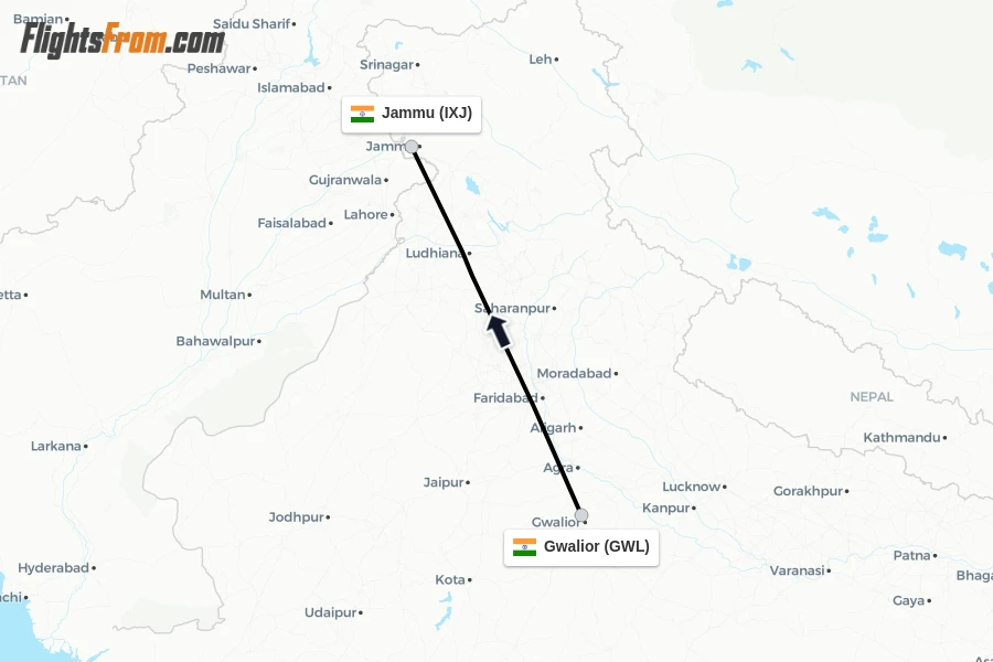 Flights from Gwalior to Jammu route map