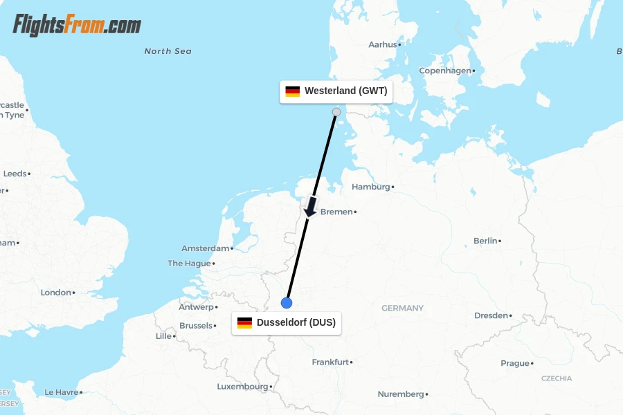 Flights from Westerland to Dusseldorf route map