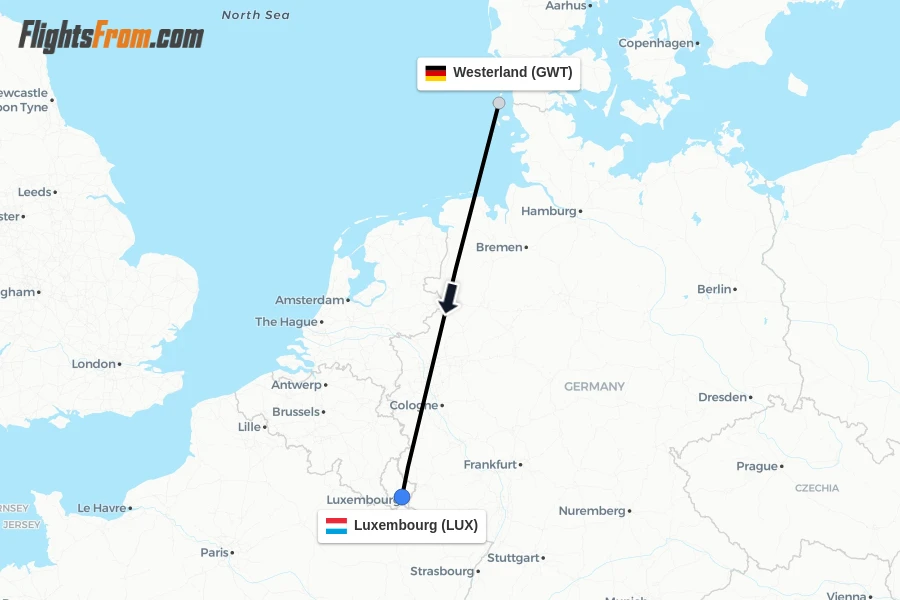 Flights from Westerland to Luxembourg route map