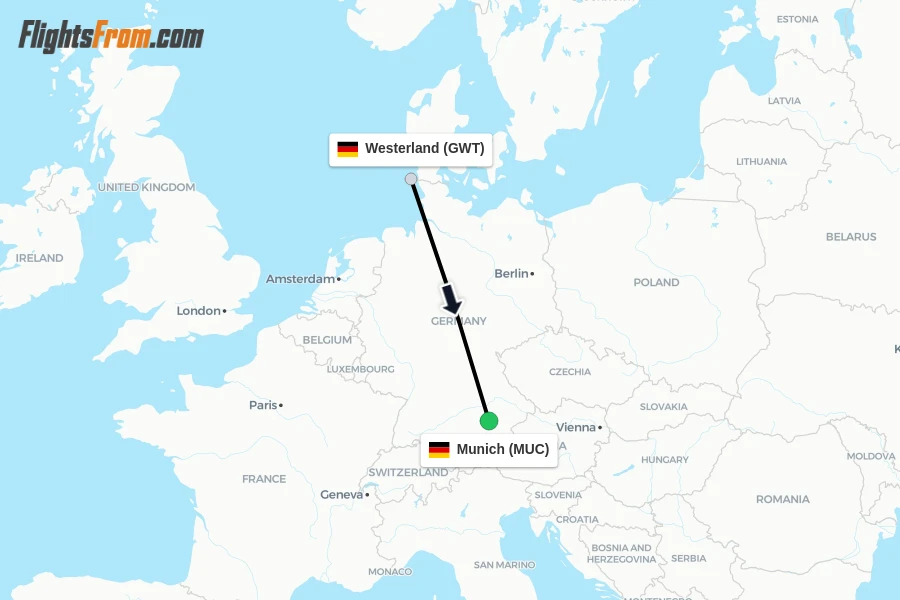Flights from Westerland to Munich route map