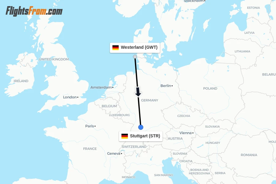 Flights from Westerland to Stuttgart route map