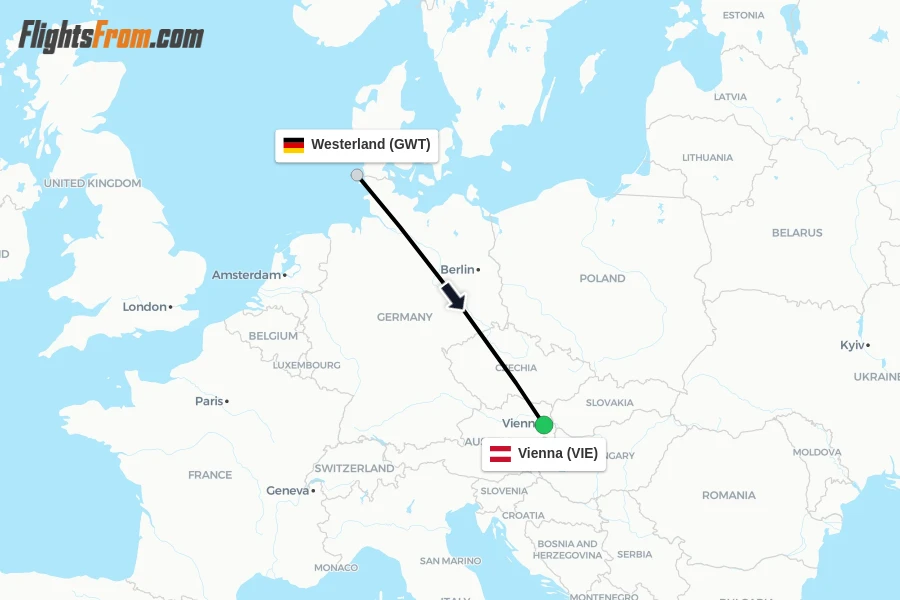 Flights from Westerland to Vienna route map