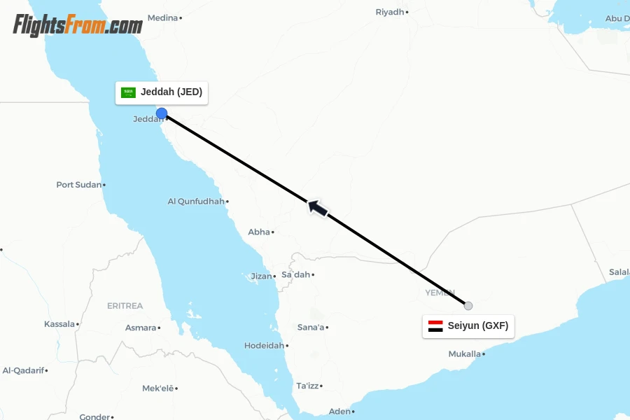 Flights from Seiyun to Jeddah route map