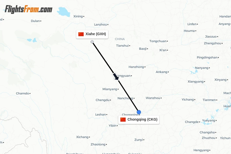 Flights from Xiahe to Chongqing route map
