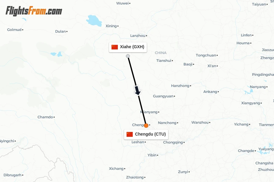 Flights from Xiahe to Chengdu route map