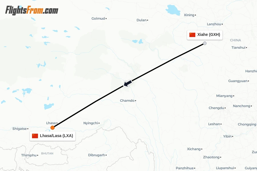 Flights from Xiahe to Lhasa/Lasa route map