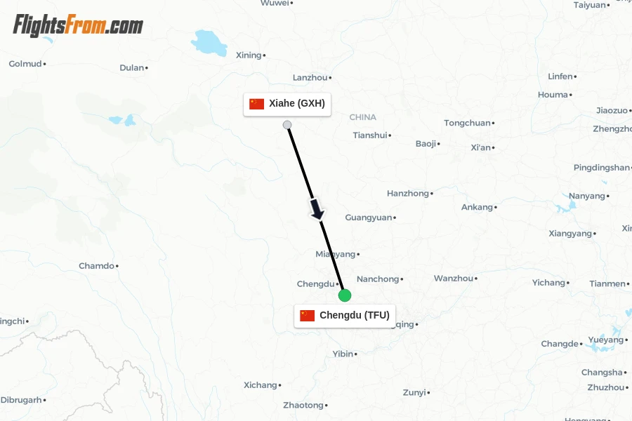 Flights from Xiahe to Chengdu route map