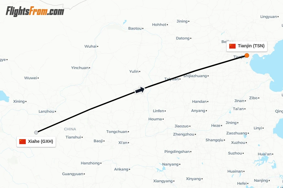 Flights from Xiahe to Tianjin route map