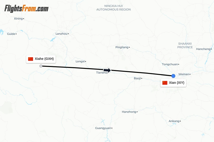Flights from Xiahe to Xian route map