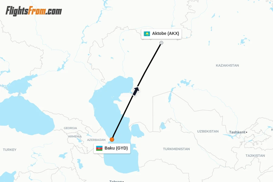 Flights from Baku to Aktobe route map