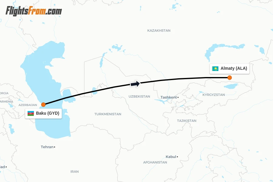 Flights from Baku to Almaty route map