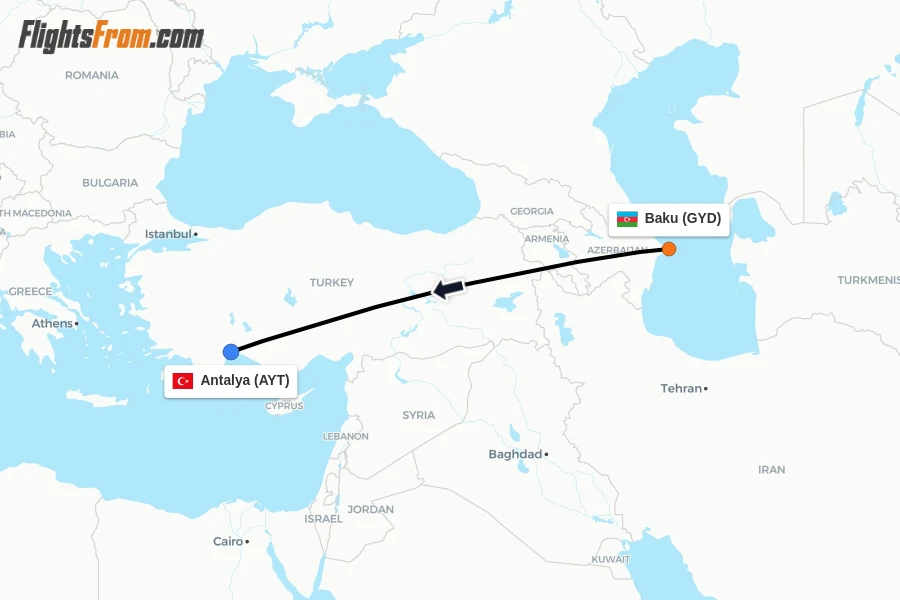 Flights from Baku to Antalya route map