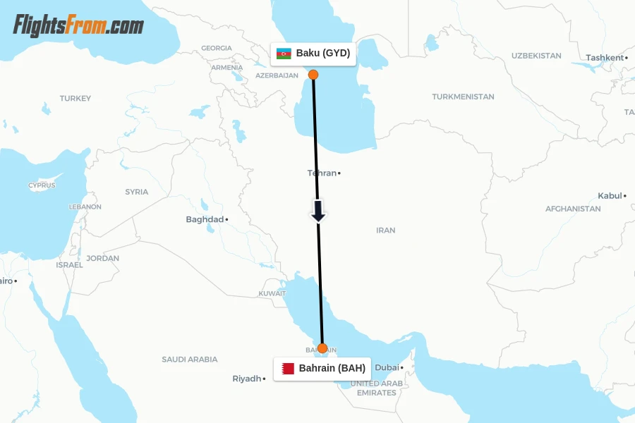 Flights from Baku to Bahrain route map