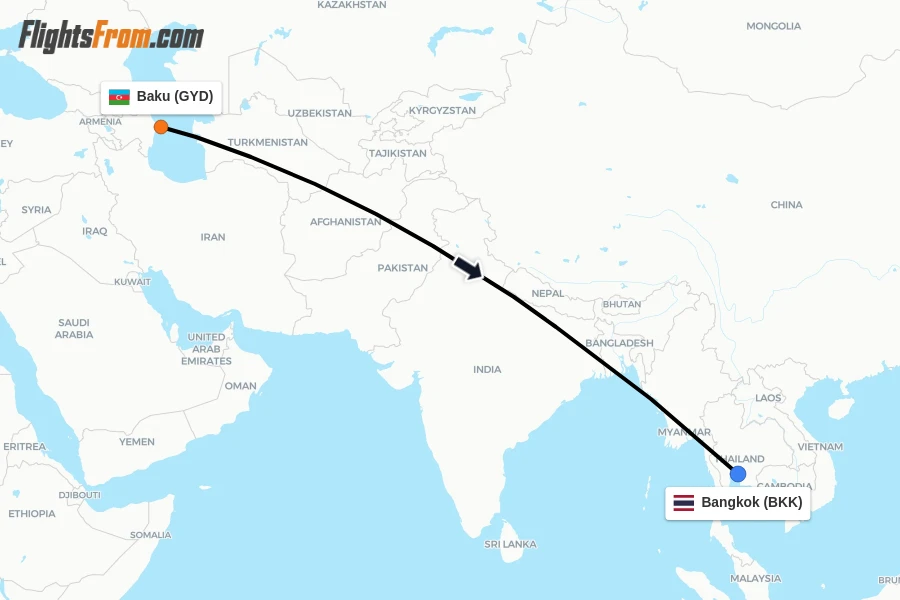 Flights from Baku to Bangkok route map