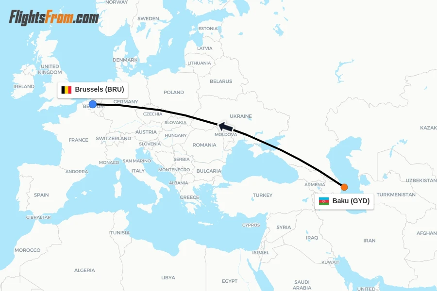 Flights from Baku to Brussels route map