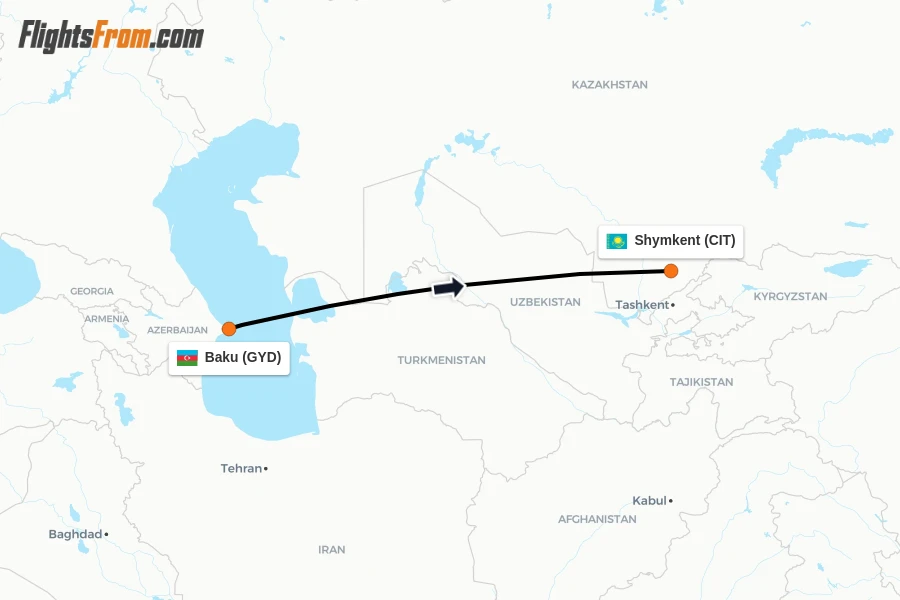 Flights from Baku to Shymkent route map