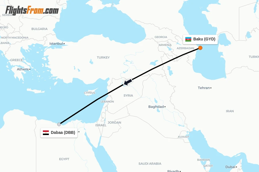 Flights from Baku to Dabaa route map