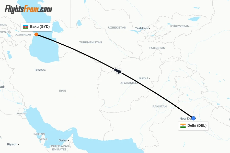 Flights from Baku to Delhi route map