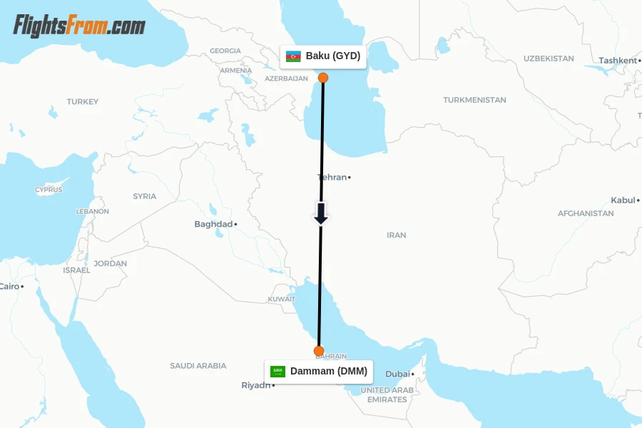 Flights from Baku to Dammam route map