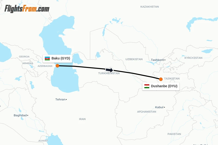 Flights from Baku to Dushanbe route map