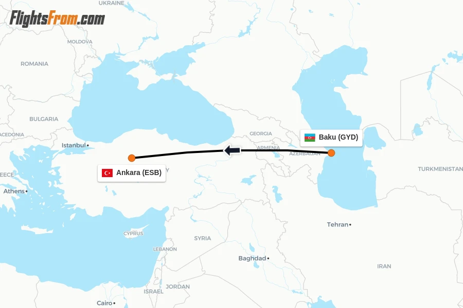 Flights from Baku to Ankara route map