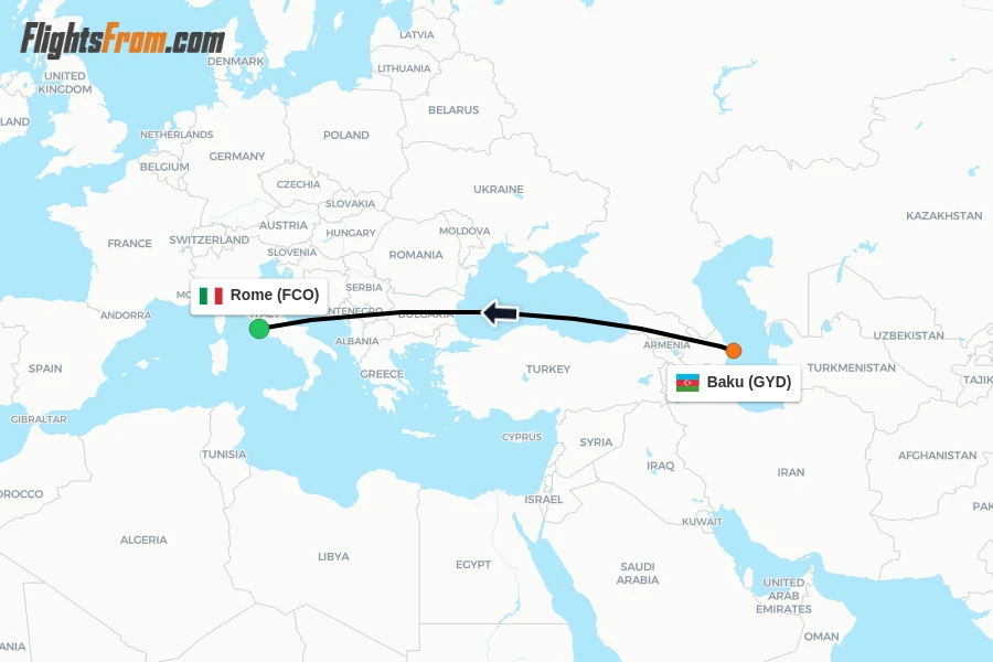Flights from Baku to Rome route map