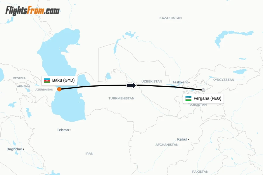 Flights from Baku to Fergana route map