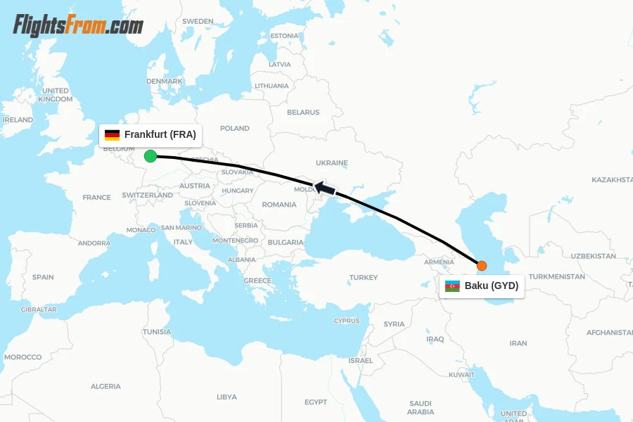 Flights from Baku to Frankfurt route map