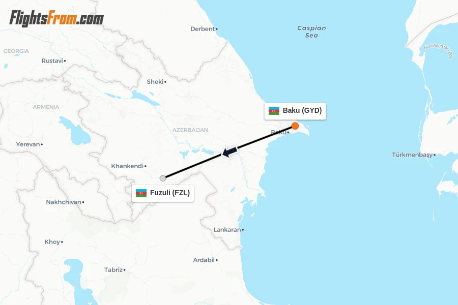 Flights from Baku to Fuzuli route map