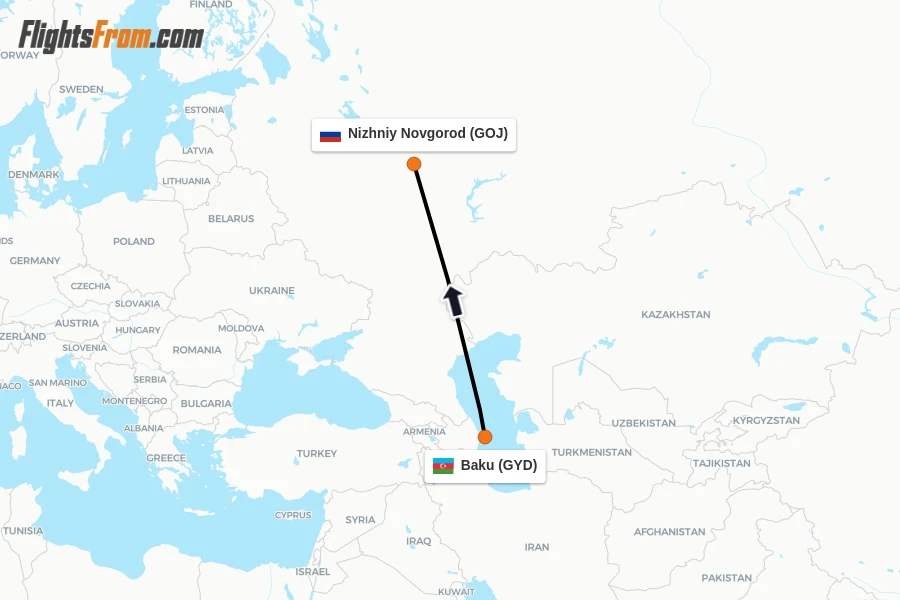 Flights from Baku to Nizhniy Novgorod route map