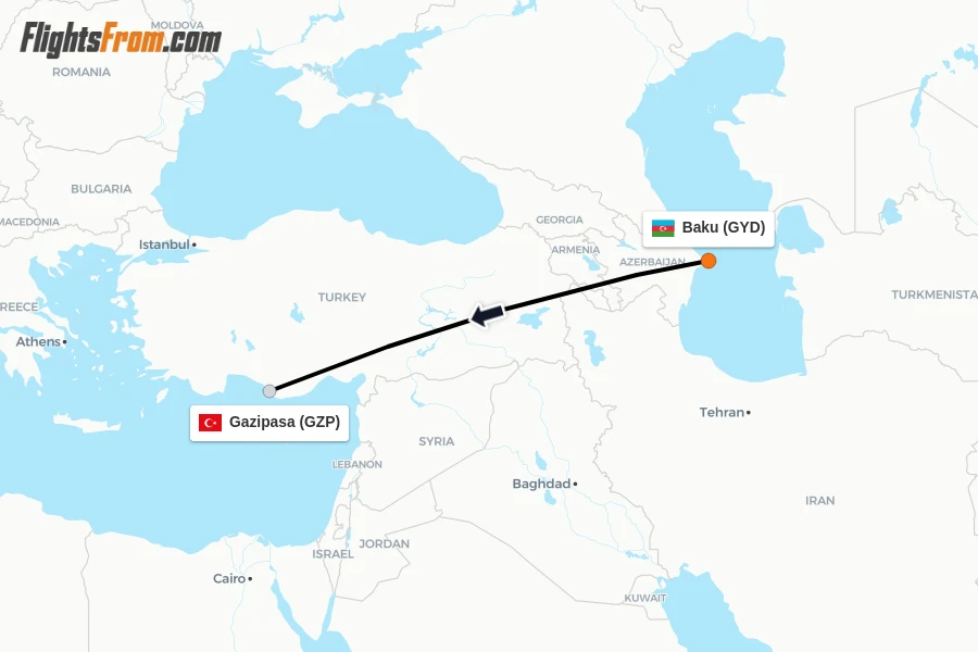 Flights from Baku to Gazipasa route map