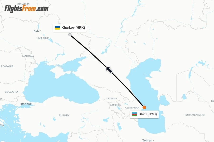 Flights from Baku to Kharkov route map