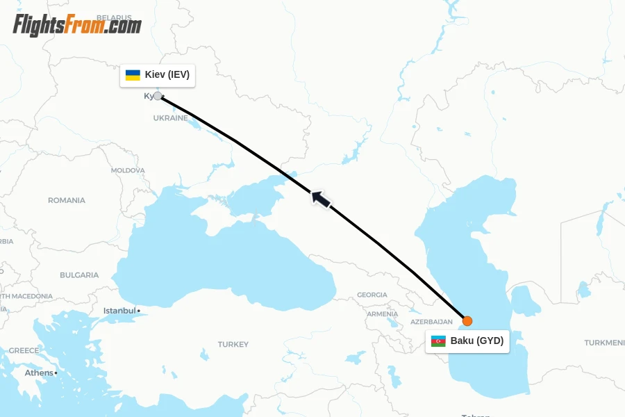 Flights from Baku to Kiev route map