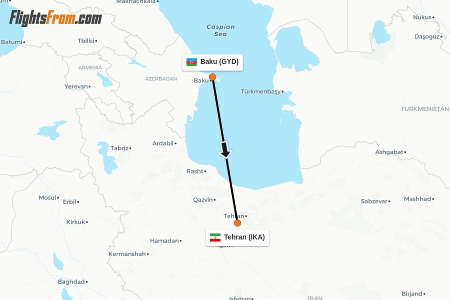 Flights from Baku to Tehran route map